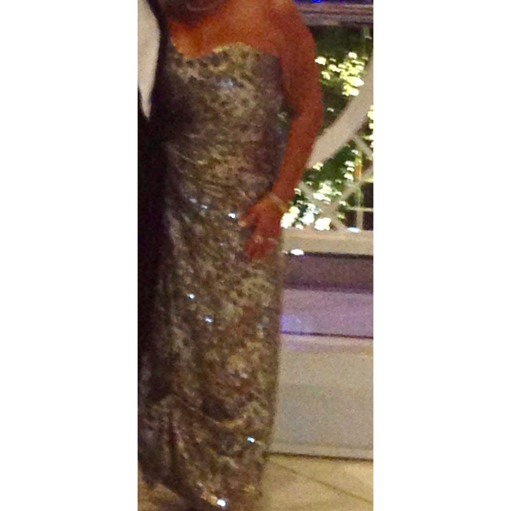 David Meister Metallic Leopard Sequin Strapless Gown Gold Silver 12 Formal Dress - Picture 2 of 8